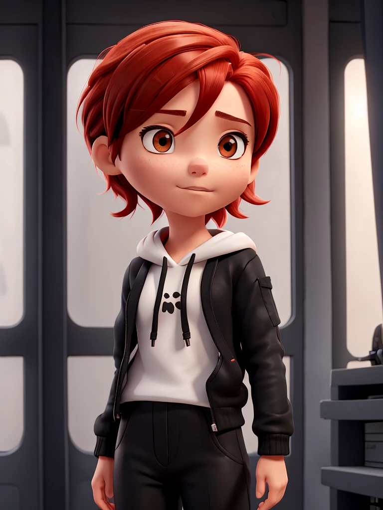 A girl with short red Bob style hair, white skin, light brown eyes, black gloves, black hoodie on head, black pants with straps, looking at the mobile in her hands