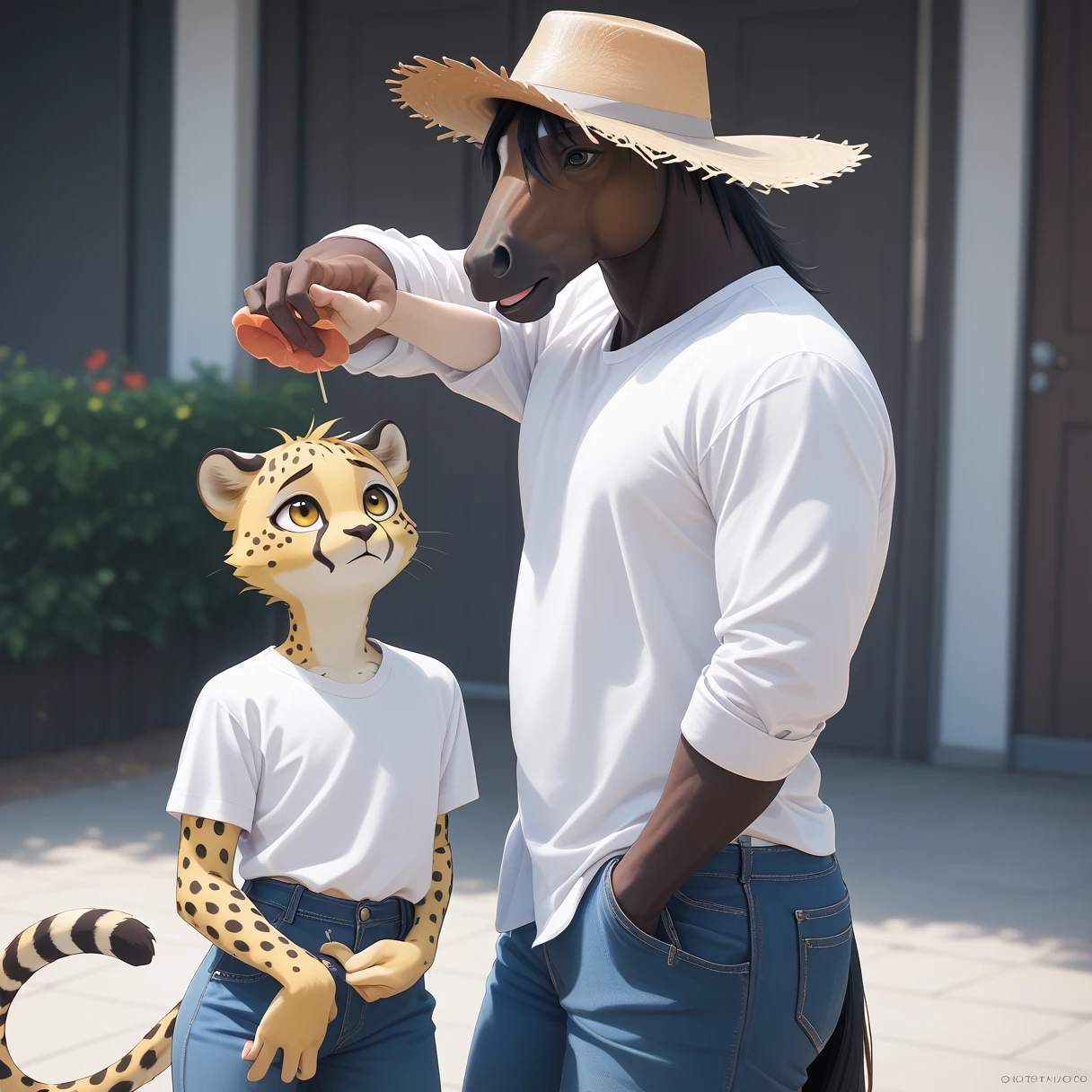 （Furry、Cheetah Boy）、yellow fur、Black spots、Straw hat、White shirt、Blue jeans、Ranch、Black horse behind、