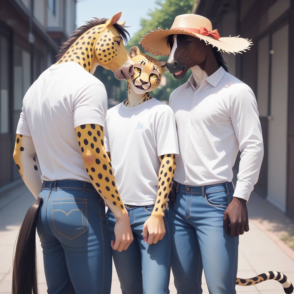 （Furry、Cheetah Boy）、yellow fur、Black spots、Straw hat、White shirt、Blue jeans、Ranch、Black horse behind、