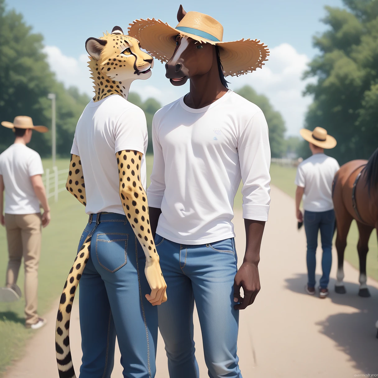 （Furry、Cheetah Boy）、yellow fur、Black spots、Straw hat、White shirt、Blue jeans、Ranch、Black horse behind、