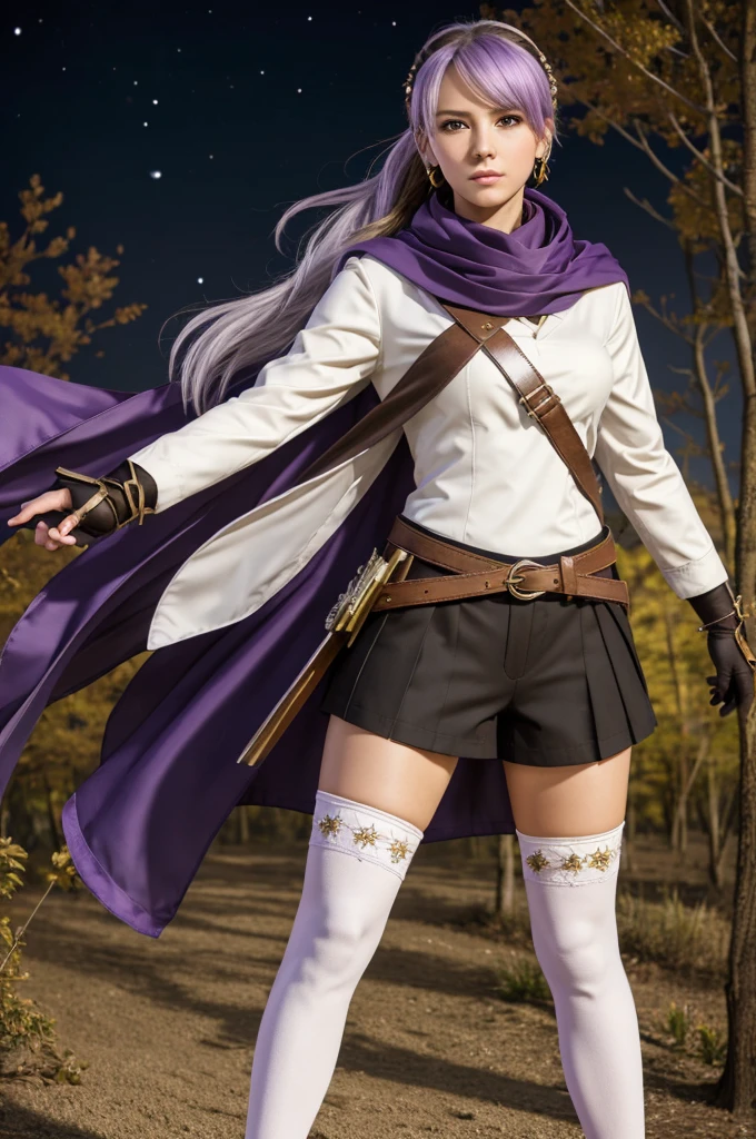 ((best quality)), ((masterpiece)), (detailed), perfect face
RWBY Style, Epic Anime Style, night Sakura forest scene, medium brown and white hair, purple ribbon, peach skin, bright purple eyes, serious expression, white t-shirt, brown scarf, brown jacket, black gauntlets with a purple and gold shiny, purple and gold four-pointed star-shaped earrings, explorer belt, black shorts, long white knee-high stockings, sand shoes, full body, woman