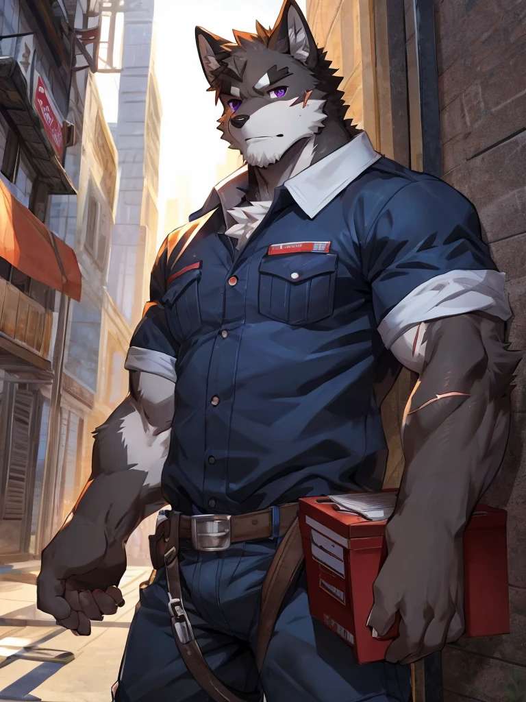 embedding:black wolf, male,purple eyes,Scar on the face, scar on the body,Single person,deliveryman,Standing outside the door,In the corridors of modern buildings,Robust,Contempt,With the express box in his hand,The highest quality of scene detail,adult,Tall and powerful,muscle,Best quality hands, best quality eye,detailed fur,Delicate eyes.Extreme picture quality,by zixiong