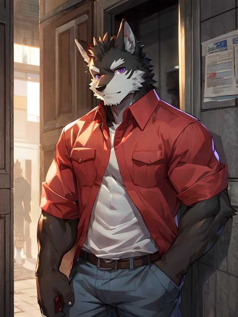 embedding:black wolf, male,purple eyes,Scar on the face, scar on the body,Single person,deliveryman,Standing outside the door,In the corridors,deliveryman shirt,Robust,Contempt,With the express box in his hand,The highest quality of scene detail,adult,Tall and powerful,muscle,Best quality hands, best quality eye,detailed fur,Delicate eyes.Extreme picture quality,by sollyz,by zixiong,by milkytiger1145