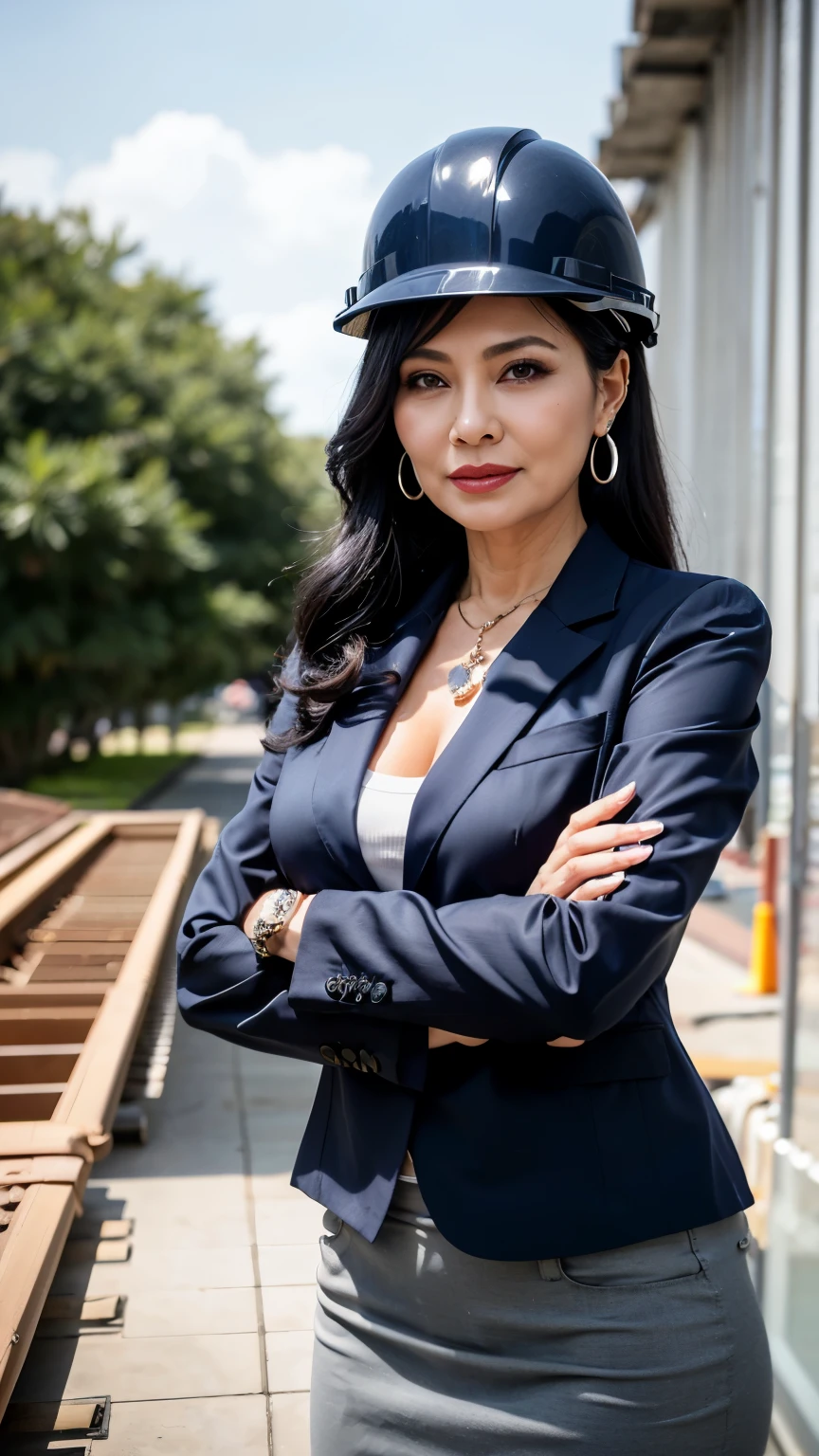 navy blue business casual suit　75 years old　mom　milf　Korean, Lady　large earring　Big choker　navel piercing decoration　A bracelet　Silver Hair　realisitic　Gorgeous Madame Beautiful Mature Woman　sexly　Smile　Gentle woman navel piercing　４K　High quality construction site　Helmet　Building Construction　Heavy machinery　Heavy chest