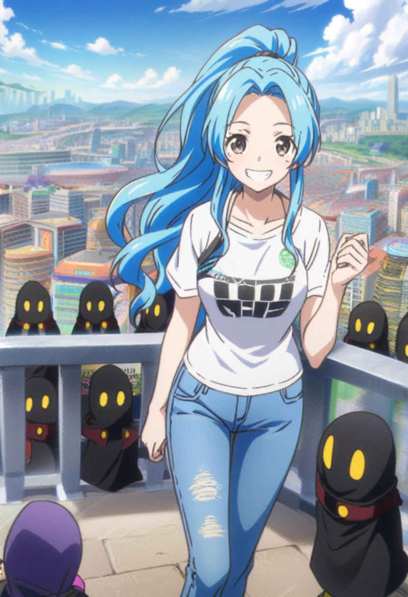 score_9, score_8_up, score_7_up, score_6_up, score_5_up, score_4_up, BREAK source_anime,city,outdoor,smile,standing, vivi, blue hair, long hair, side locks, ponytail, wavy hair, forehead, black eyes,white t-shirt,short sleeves,jeans,denim