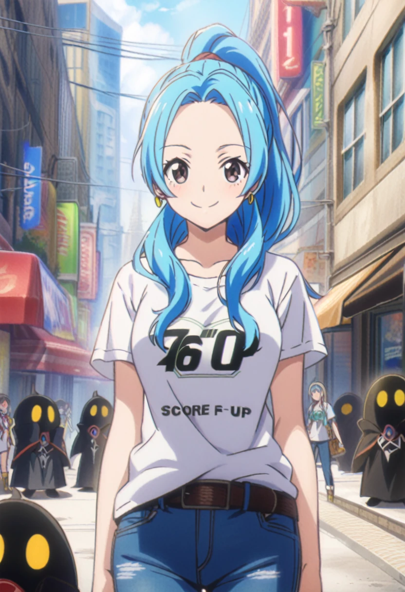 score_9, score_8_up, score_7_up, score_6_up, score_5_up, score_4_up, BREAK source_anime,city,outdoor,smile,standing, vivi, blue hair, long hair, side locks, ponytail, wavy hair, forehead, black eyes,white t-shirt,short sleeves,jeans,denim