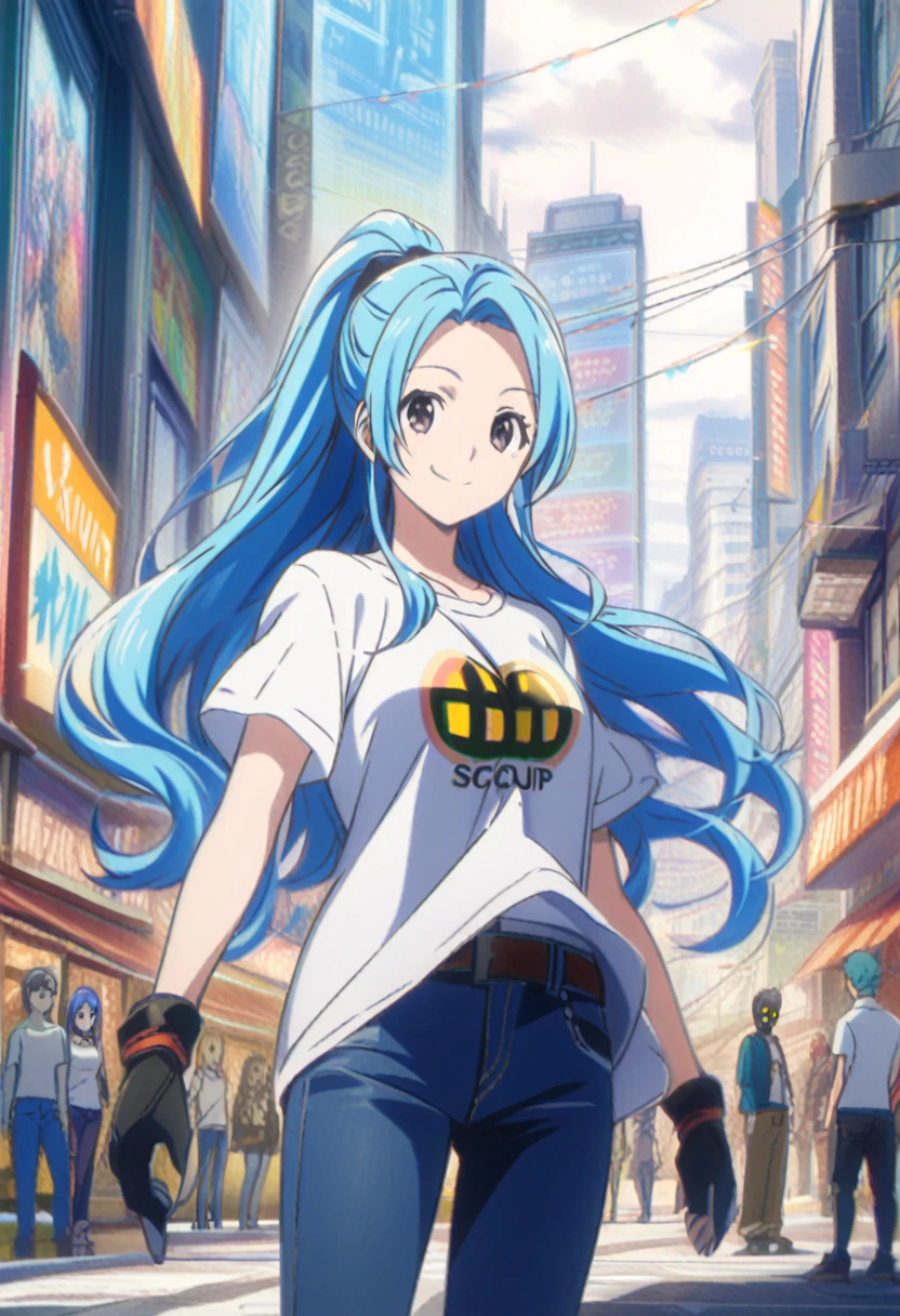 score_9, score_8_up, score_7_up, score_6_up, score_5_up, score_4_up, BREAK source_anime,city,outdoor,smile,standing, vivi, blue hair, long hair, side locks, ponytail, wavy hair, forehead, black eyes,white t-shirt,short sleeves,jeans,denim