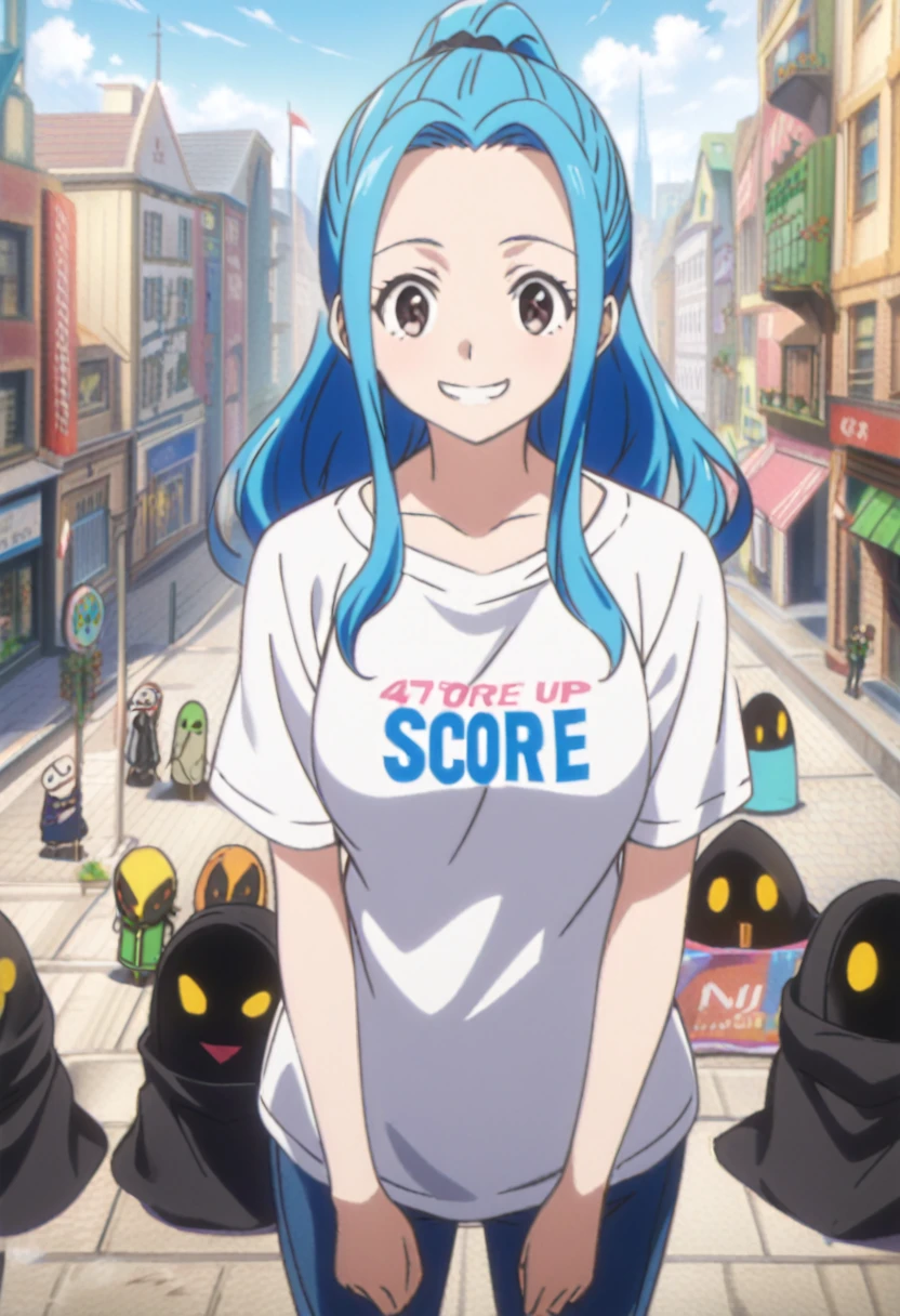 score_9, score_8_up, score_7_up, score_6_up, score_5_up, score_4_up, BREAK source_anime,city,outdoor,smile,standing, vivi, blue hair, long hair, side locks, ponytail, wavy hair, forehead, black eyes,white t-shirt,short sleeves,jeans,denim