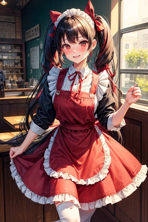 One adult woman,hair_Navy Blue,Twin tails,big tail,Cafe Waitress,apron_red,eye_pink,Lolita Fashion,uniform_red,Long dress_red,ストライプribbon,Frills,ribbon,Laughter,red面,Embarrassed face,Big ,cute,Coffee shop