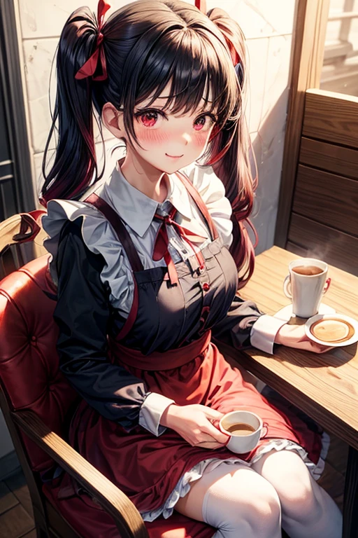 One adult woman,hair_Navy Blue,Twin tails,big tail,Cafe Waitress,apron_red,eye_pink,Lolita Fashion,uniform_red,Long dress_red,ストライプribbon,Frills,ribbon,Laughter,red面,Embarrassed face,Big ,cute,Coffee shop,Jobs