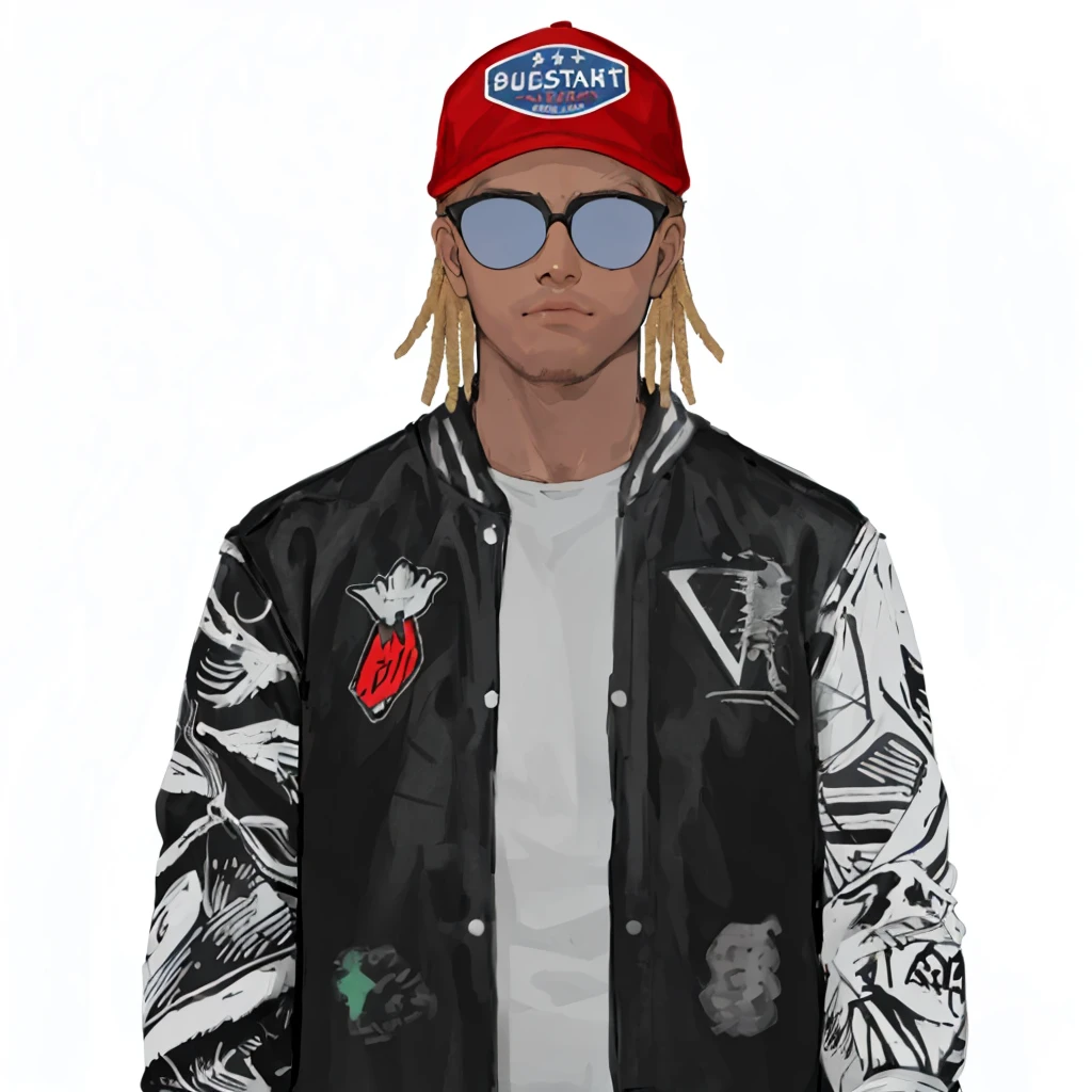(masterpiece:1.2, best quality), (1men, solo, upper body:1.2),flat face,Hair: buzz cut, Clothing: oversized, distressed denim jacket with patches and pins, paired with black skinny jeans and combat boots, Hanging out in an underground music venue or street art exhibit