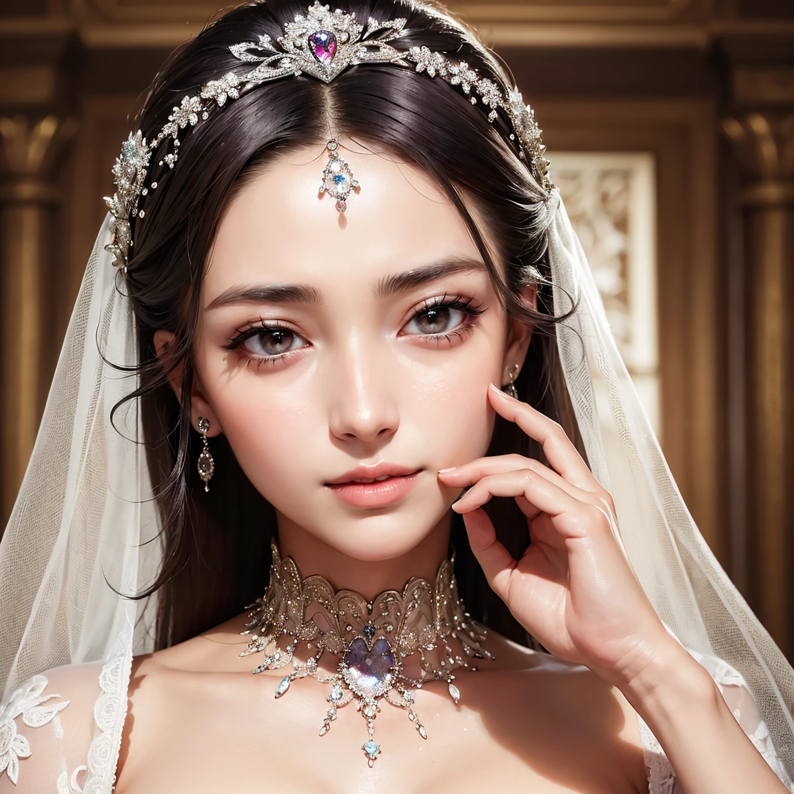 (Masterpiece, Best Quality:1.5), Illustration, Ultra-detailed, finely detail, Hight resolution, 8K Wallpaper, Perfect dynamic composition, cinematic lighting, portrait, looking at viewer, Beautiful detailed eyes, Sexy face, Perfect beautiful hands, Raw real photos, beautiful realistic face, beautiful face, perfect face, highly detailed beautiful face and eyes, attractive face, detailed face, delicate facial features, detailed skin, shiny skin, perfect anatomy, highly detailed background, elaborately designed clothes, fine cloth texture, BREAK, stunning -yeld press in gorgeous and luxurious wedding dress and jewelry, perfect make-up, eyeshadow, lash extensions, lips, deeply in love, best smile, full of elegance