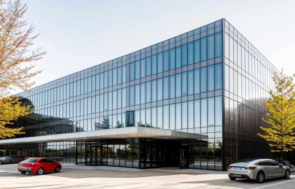 exterior of highrise hotel building, contemporary style, inspired of Norman Forster, glass with steel frame facade, 5 stars hotel design, beautiful landscape, stone pavement,cars, RAW photo, 8k uhd, dslr, soft lighting, high quality, film grain, Fujifilm XT3,masterpiece,