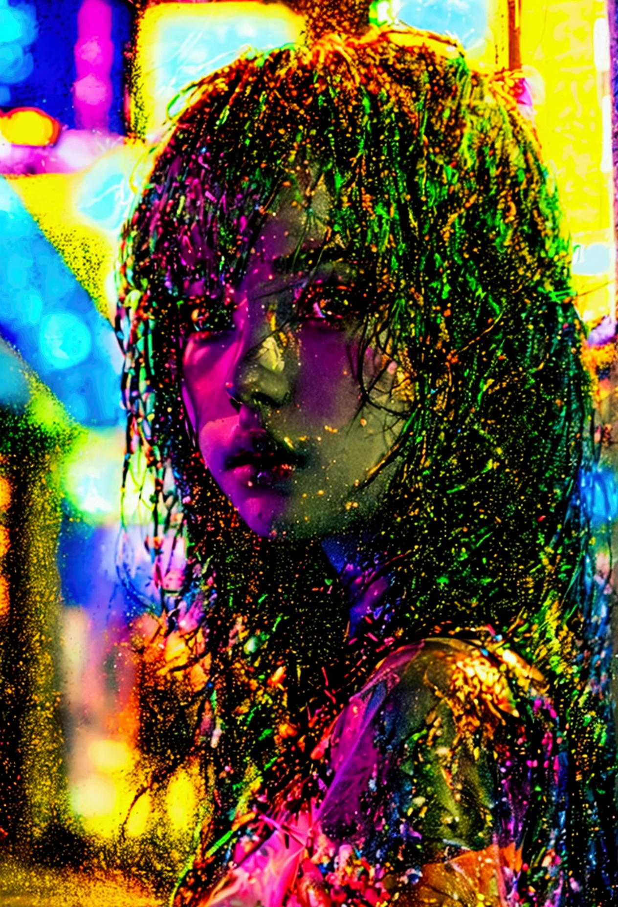 (32K) 16K, 8k, 4K, finely detail, hight resolution, hightquality, Perfect dynamic composition, Beautiful detailed eyes, Long Hair, cute photorealistic kawaii anime girl in the city, surrounded colorful neon lights and glowing lines of data flow, double exposure photography in the style of cyberpunk, glitch art, surrealism, front view, portrait photography, high resolution, She is wearing Wet T-shirts, transparent clothes nipples, intricate details, super detail, hyperrealistic