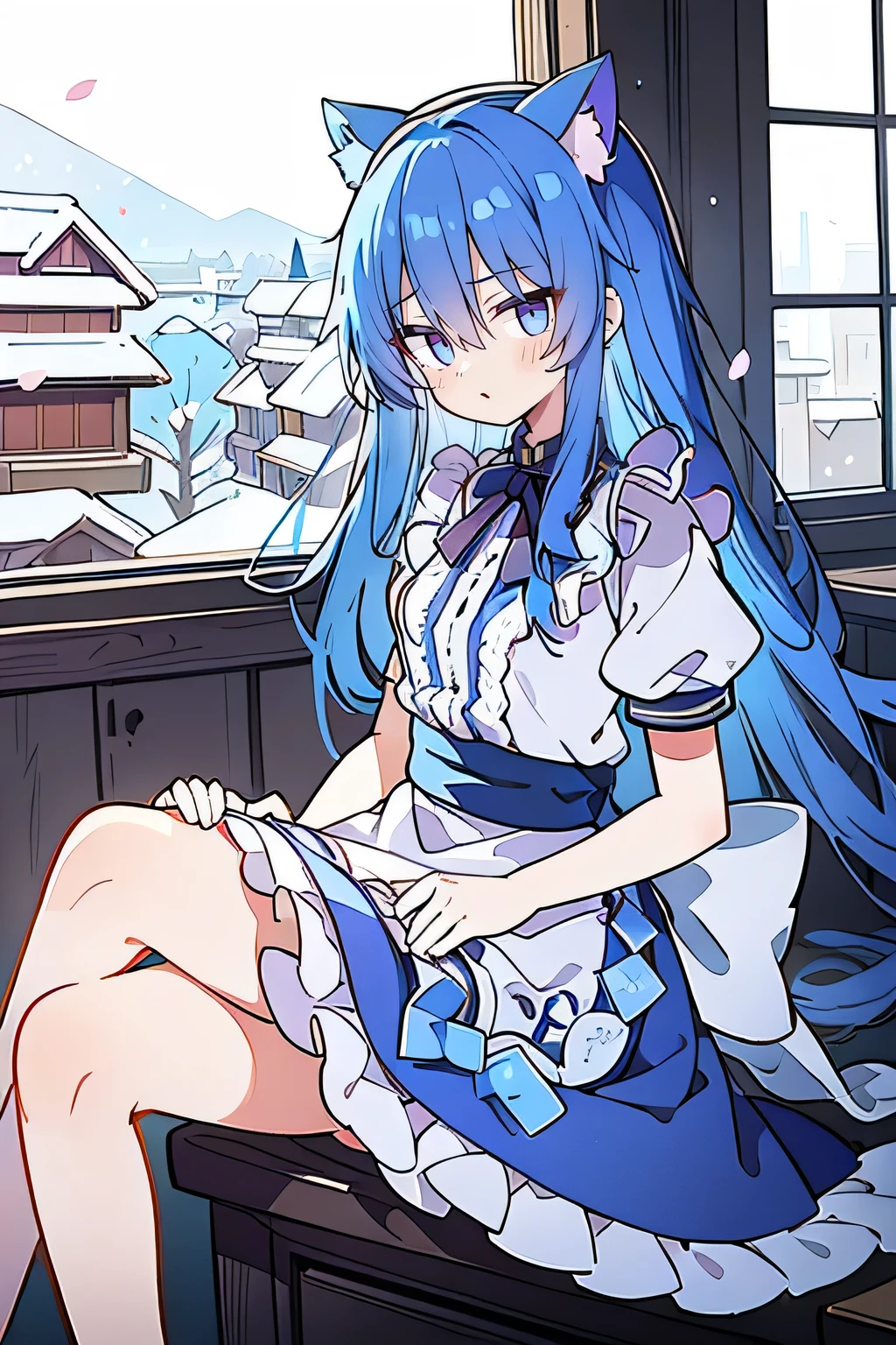 （masterpiece：1.2），Super detailed，lifelike，Expressive eyes，fair skin，perfect face shape，1 girl，
Japanese comics,Gorgeous blue hair,flowing blue hair,flowing clothes,Cat ears,Petals fall,beautiful lola,Baby Angel,
，Cross your legs，Gentle and peaceful background，The pavilion is cool and comfortable, maid outfit, maid，cafes，In front of the window，,snowing。 