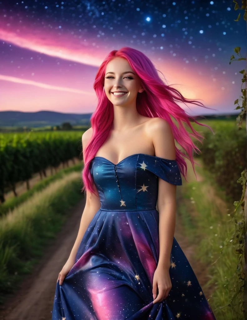 very attractive 25 year old female with long bright pink hair, Best quality, masterpiece, ultra high res, (photorealistic:1.4), raw photo, 1girl, 25 yo woman, off shoulder dress, smile, glamorous clothing, country lane, vivid starry sky