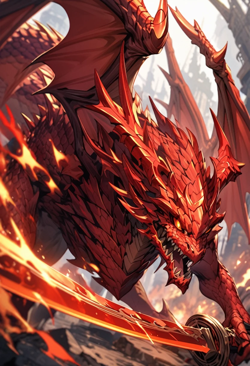 Highly detailed 4K dragon wings made of red flames.,holding a sword