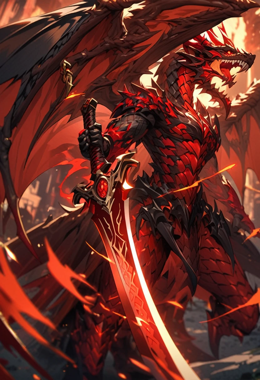 Highly detailed 4K dragon wings made of red flames.,holding a sword