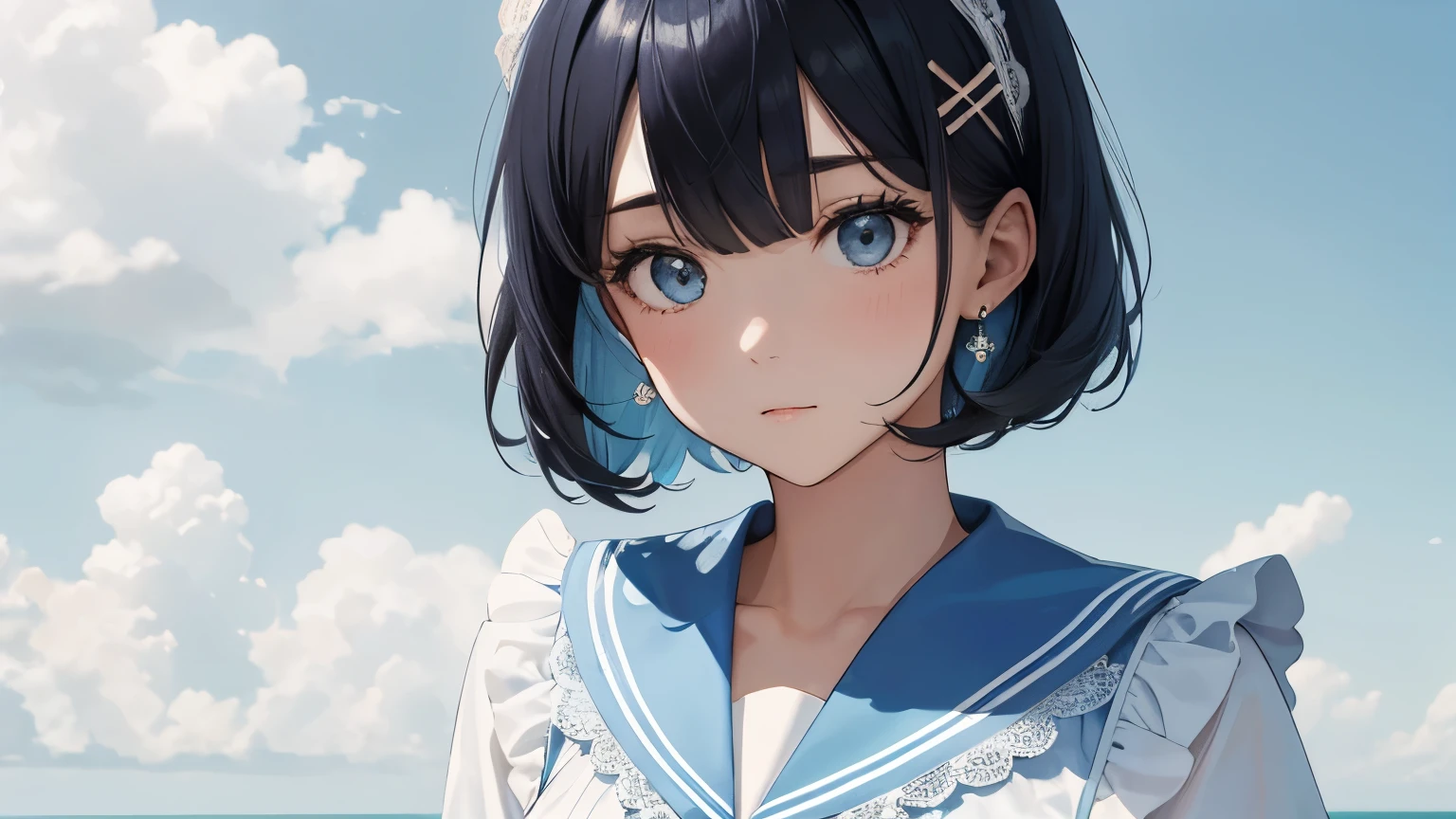 A beautiful woman wearing a light blue sailor suit with lots of frills and lace　Black bob with hair ornament　Upper Body