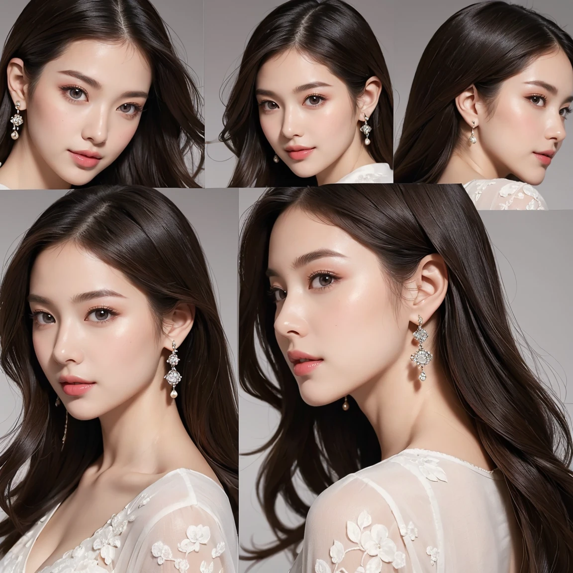(masterpiece, best quality:1.5), ultra detailed, high resolution, 16k, the most beautiful face in the world, perfect face, delicate facial features, highly detailed beautiful face and eyes, shiny skin, highly detailed background, elaborately designed clothes, fine cloth texture, BREAK, the incarnation of beauty, goddess of beauty, incredibly beautiful close-up macro photos of gorgeous and stunning face, highest princess in gorgeous and luxurious jewelry, perfect make-up, deeply in love, best smile, full of elegance, (three view drawing, front and back and side, character sheet:1.3)