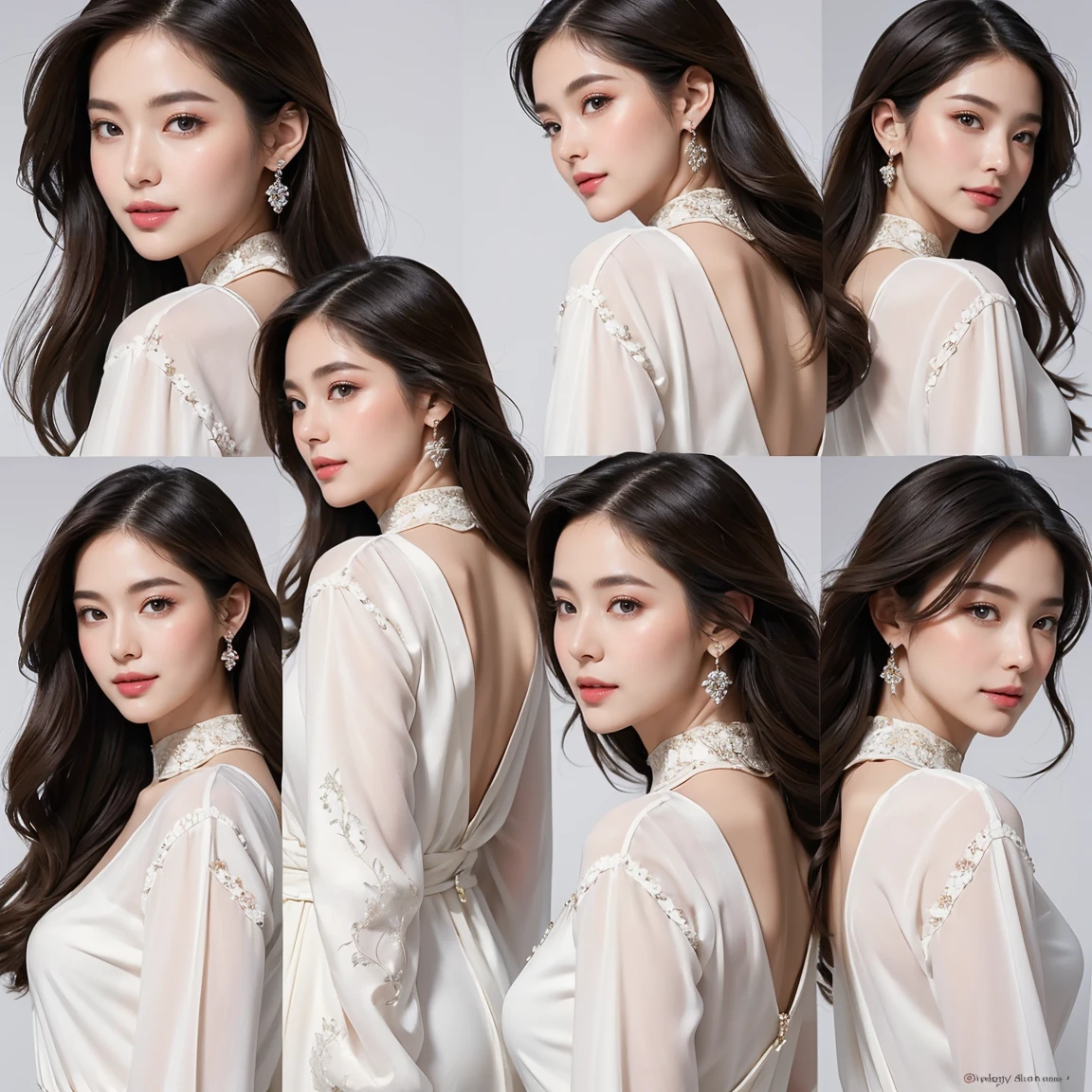 (masterpiece, best quality:1.5), ultra detailed, high resolution, 16k, the most beautiful face in the world, perfect face, delicate facial features, highly detailed beautiful face and eyes, shiny skin, highly detailed background, elaborately designed clothes, fine cloth texture, BREAK, the incarnation of beauty, goddess of beauty, incredibly beautiful close-up macro photos of gorgeous and stunning face, highest princess in gorgeous and luxurious jewelry, perfect make-up, deeply in love, best smile, full of elegance, (three view drawing, front and back and side, character sheet:1.3)