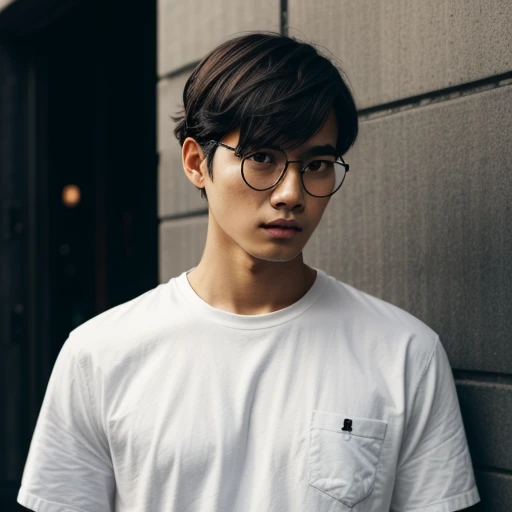 1man, lao, short hair, wavy hair, circle glasses, in the dark