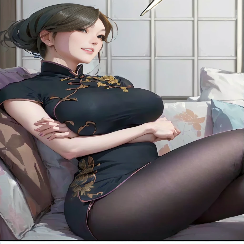 A cartoon illustration of a woman in a black dress sitting on a sofa, anya from spy x, Full body fairy, Attractive anime girl, From Girl Front, Inspired by Yao Tingmei, Posing elegantly in front of you, Inspired by Zhou Fang, cheongsam, Beautiful and charming anime woman, Inspired by Minjin, Anime girl in black dress，8K, original photo, best quality, masterpiece, Practical, Reality, (1 extreme beauty), middle aged, Highly detailed face, (Perfect Teeth), Delicate eyes, Double eyelids, eyelash, Grin, Lip detail, Brown Hair Bob, Large Breasts, (Light purple long tights), ((jeans)), Cowboy shooting, Tokyo High School, Soft Light, ((Written border depth)) Proceed with caution，((Japanese 32 year old girl)), (((Slim, Willow Waist, Thin thighs, Thin arms))), (((Rear view, 侧Rear view))), (((Upturned buttocks, Rounded buttocks))), (((Breast sagging:1.3)))，Real