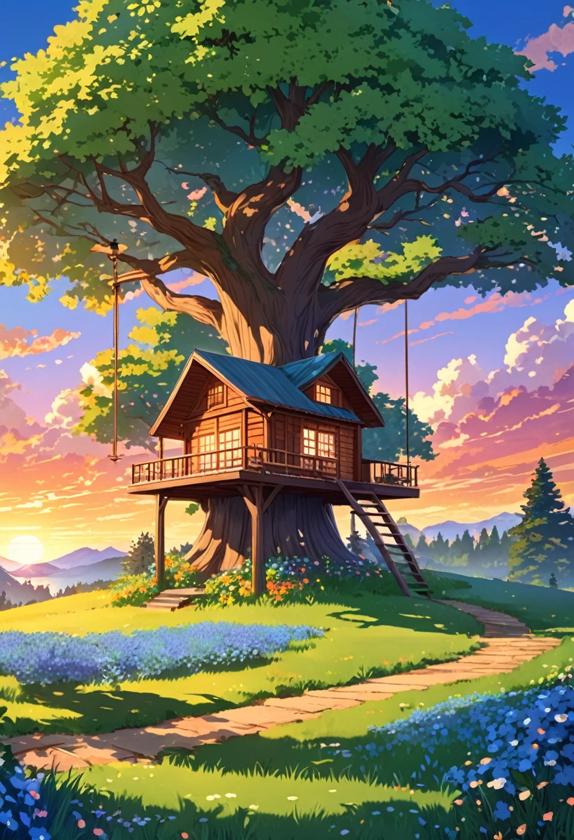 Digital illustration of a serene street scene at sunset. The layout features a narrow road on the right side, leading into the distance with a beautiful view of mountains under a sky painted with warm hues of orange and blue. On the left side, there is a quaint building covered in lush green ivy and adorned with vibrant red flowers in pots. The building has wooden textures and warm lighting emanating from the windows, creating a cozy atmosphere. A bicycle is parked near the entrance, adding to the tranquil setting. Power lines and a street lamp are visible, casting long shadows on the pavement. A chalkboard sign with white text and decorative elements stands near the building, contributing to the charming, rustic feel of the scene.