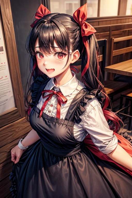 One adult woman,hair_Navy Blue,Twin tails,big tail,Cafe Waitress,apron_red,eye_pink,Lolita Fashion,uniform_red,Long dress_red,ストライプribbon,Frills,ribbon,Laughter,red面,Embarrassed face,Big ,cute,Coffee shop,Jobs