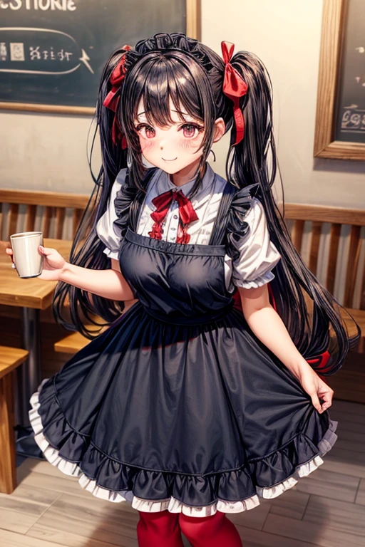 One adult woman,hair_Navy Blue,Twin tails,big tail,Cafe Waitress,apron_red,eye_pink,Lolita Fashion,uniform_red,Long dress_red,ストライプribbon,Frills,ribbon,Laughter,red面,Embarrassed face,Big ,cute,Coffee shop,Jobs