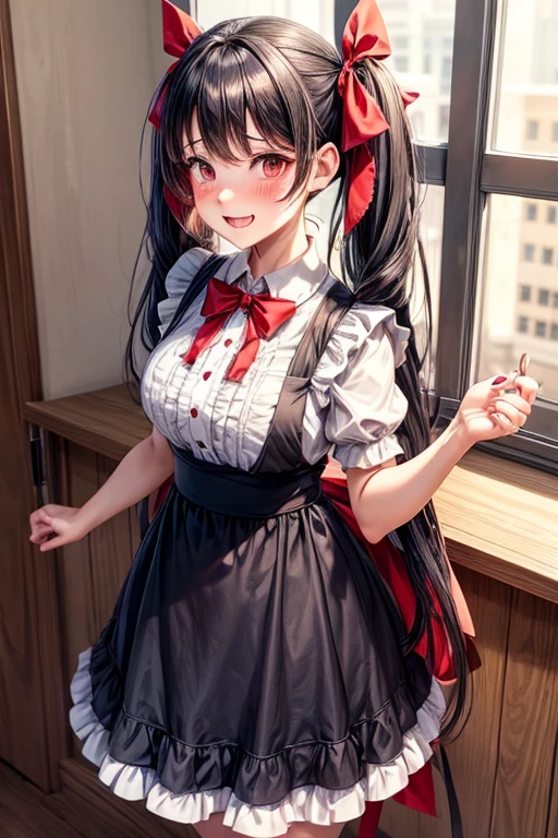 One adult woman,hair_Navy Blue,Twin tails,big tail,Cafe Waitress,apron_red,eye_pink,Lolita Fashion,uniform_red,Long dress_red,ストライプribbon,Frills,ribbon,Laughter,red面,Embarrassed face,Big ,cute,Coffee shop,Jobs
