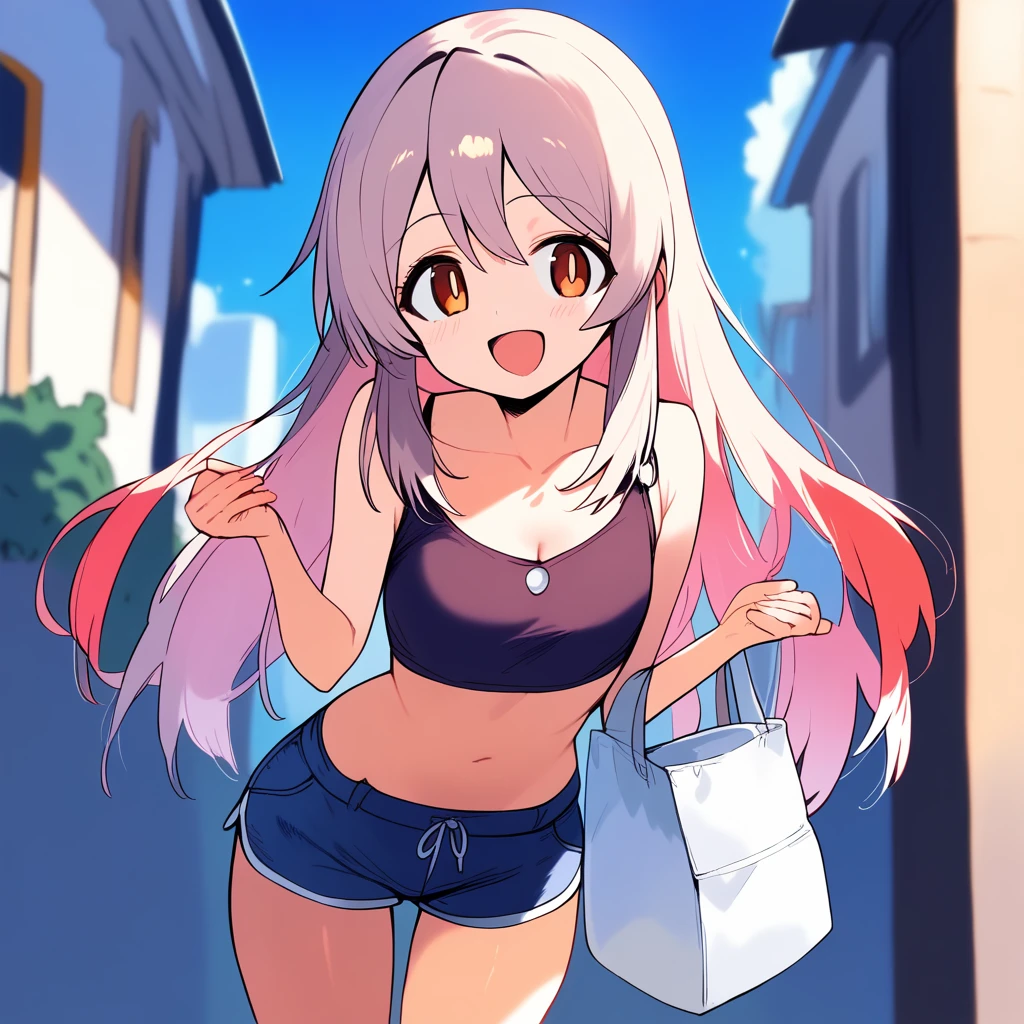 1girl, ultra high res, shorts, smile, open mouth, large chest, cleavage,