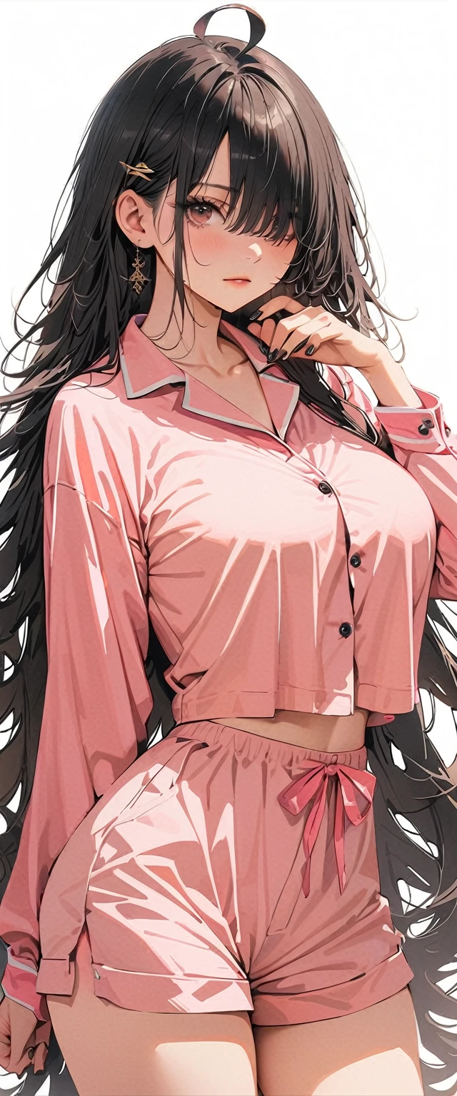 20 years old,1 mature woman,hyperrealistic, 8k, (extremely detailed 8k), (very delicate and beautiful), (masterpiece), (better quality:1.0), (ultra high resolution:1.0), (masterpiece, best quality),cute,black hair,cowboy shot,white background,realistic skin,model posing,big breasts,expressionless,hair over one eye,black nail,extra long hair,ahoge,pajamas