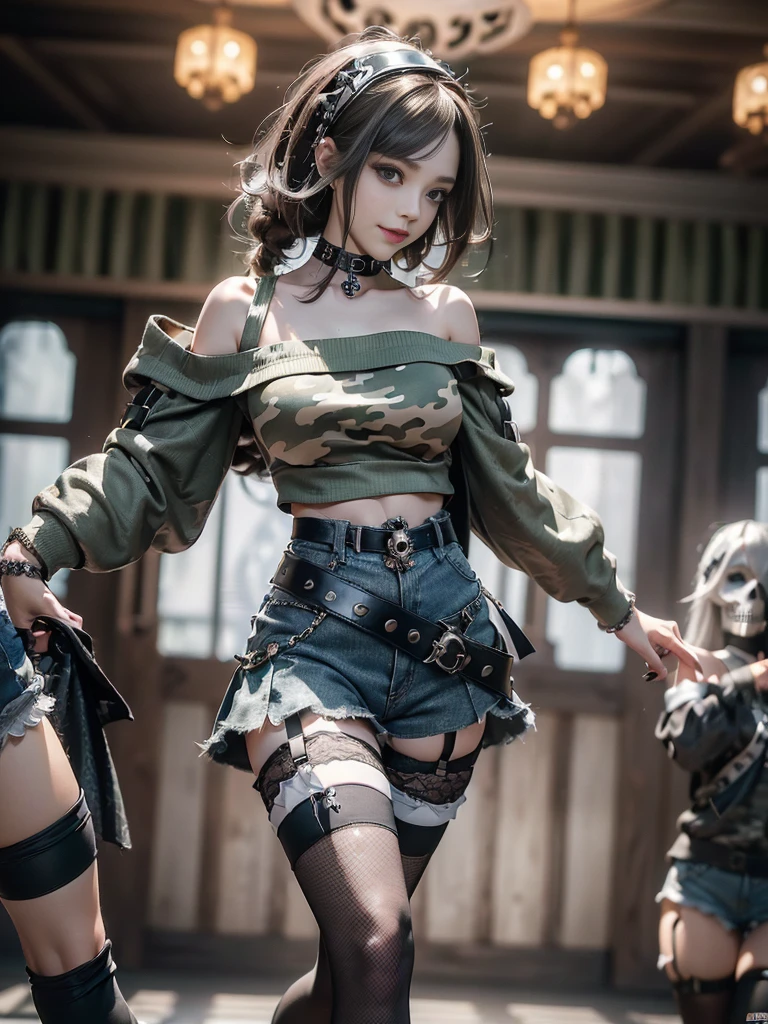 (Side view:1.1)、(Beautiful skin, lips and nose:1.4)、(Smiling with teeth showing:1.3),(Fashion Model:1.5)、(Gothic Lolita delicately decorated battle uniform:1.5)、(Moss green off-shoulder hoodie:1.5)、(Black, silver and white shorts:1.4)、(denim garter belt:1.5)、(Black and camouflage knee socks:1.3)、(Skull Silver Accessories:1.5)、(Lace collar:1.3)、(Brown Skin Belt:1.4)、(Brown boots:1.2)、(Underwear has polka dots:1.4)、23 years old、((Highest quality、In 8K、masterpiece:1.3))、Sharp focus:1.2、(Layered Cut、Huge boobs:1.1),Beautiful woman with perfect figure:1.4、(Dancing vigorously:1.3)、Slender Abs:1.2、Highly detailed face and skin texture、Detailed eyes、double eyelid,(Bob Hair:1.3)、(Brown Hair:1.3)、Gravure idol、(The background is a luxurious dance hall.:1.3)、(Slim body:1.2),(Make your legs thinner:1.4),(clavicle:1.1)