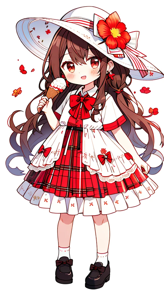 masterpiece, 1girl, solo, chibi, happy, long hair, looking at viewer, blush, bangs, skirt, brown hair, shirt, red eyes, short sleeves, hat, bow, ribbon, holding, brown eyes, jewelry, very long hair, white shirt, full body, flower, earrings, food, open clothes, collared shirt, bowtie, red bow, plaid, petals, dress shirt, plaid skirt, holding food, white flower, red flower, red bowtie, pink flower, half updo, sun hat, ice cream, hat flower, plaid bow, ice cream cone, flower earrings, plaid bowtie, soft serve, simple_background