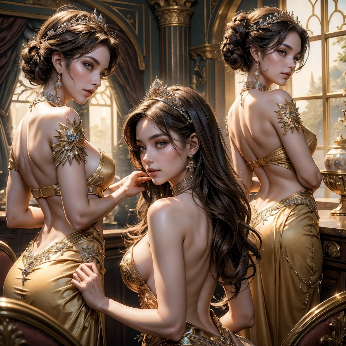 NSFW, (masterpiece, best quality:1.5), ultra detailed, high resolution, 16k, the most beautiful face in the world, perfect face, delicate facial features, highly detailed beautiful face and eyes, shiny skin, highly detailed background, elaborately designed clothes, fine cloth texture, BREAK, the incarnation of beauty, goddess of beauty, incredibly beautiful close-up macro photos of gorgeous and stunning face, highest princess in gorgeous and luxurious jewelry, perfect make-up, deeply in love, best smile, kiss, full of elegance, (three view drawing, front and back and side, character sheet:1.3)
