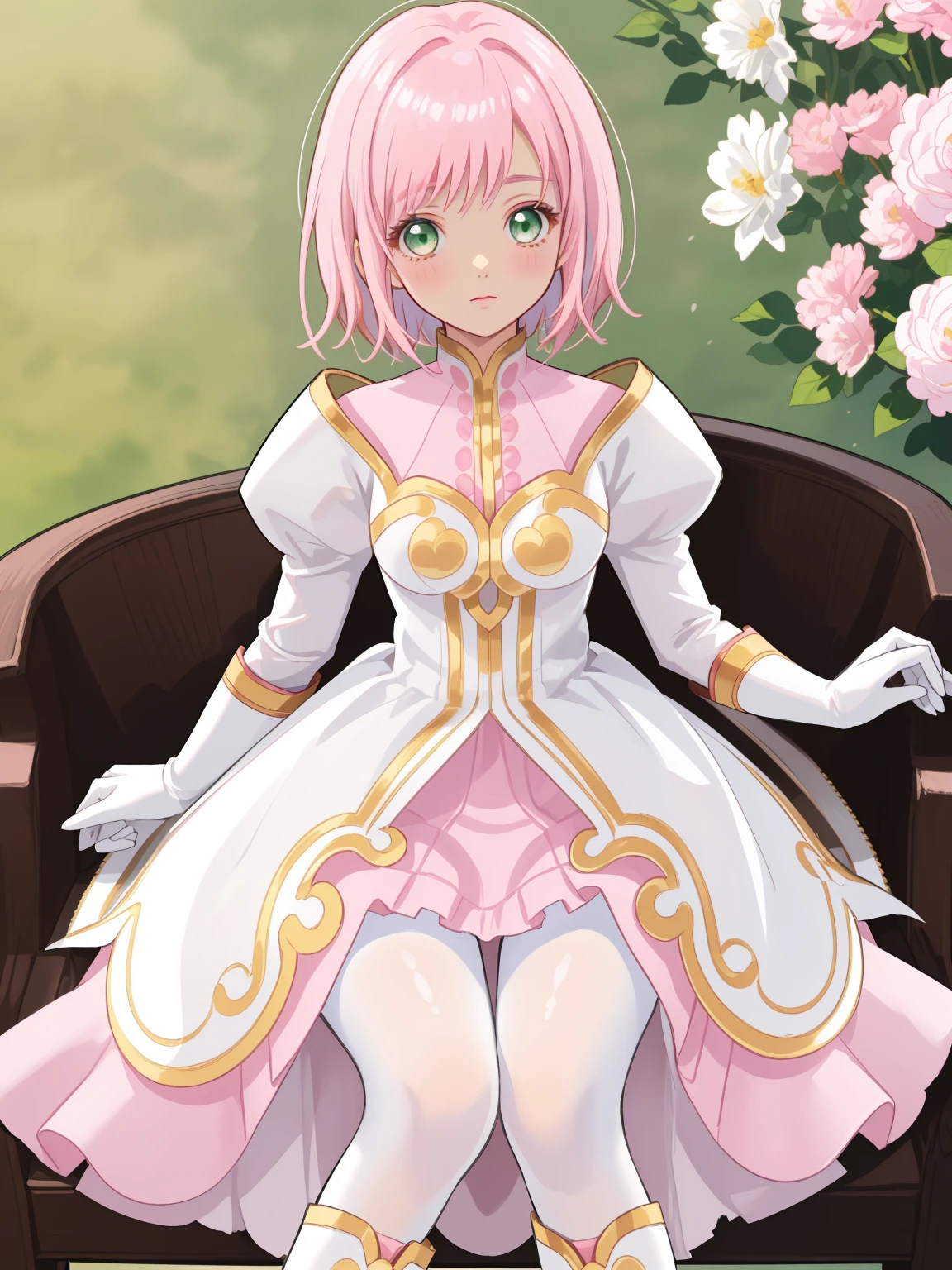 masterpiece, Highest quality, alone, One Girl,Estellise Sidos Heurassein, Pink Hair, short hair, Green Eyes, Small breasts, White and pink dress, Glamorous Dress, Pink collar, Pink Skirt, White boots, White gloves, (Black Pantyhose, Black legwear:1.1)whole body, Little:5, cute, (Beautifully detailed face), (Beautiful attention to detail), (Beautiful detailed hair)