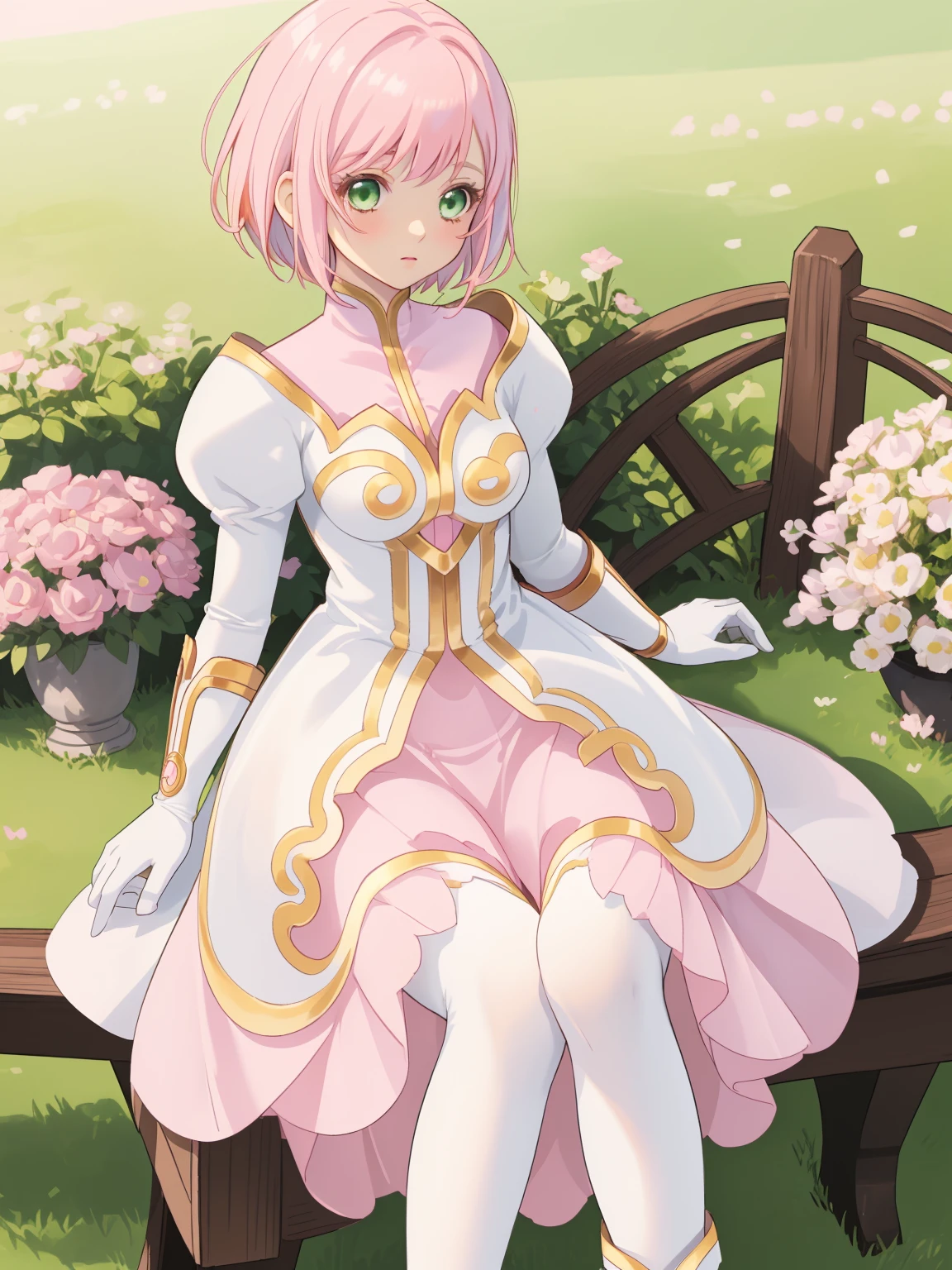 masterpiece, Highest quality, alone, One Girl,Estellise Sidos Heurassein, Pink Hair, short hair, Green Eyes, Small breasts, White and pink dress, Glamorous Dress, Pink collar, Pink Skirt, White boots, White gloves, (Black Pantyhose, Black legwear:1.1)whole body, Little:5, cute, (Beautifully detailed face), (Beautiful attention to detail), (Beautiful detailed hair)