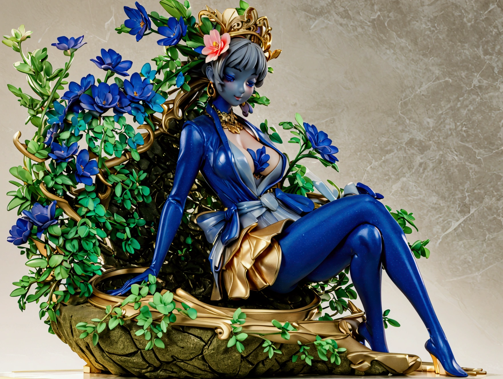 3d printed figurine, an elegant lady sitting on a rock base with flower clothes on, half lying pose, beautiful thick lady, big , thick thigs, slim waist, extremely detailed and beautiful, elegant and sexy, bare chest, beautiful sculpture, 3d printed, zbrush, zbrush (medium), miniature style, beautiful colors, 3d printed on a base, full body, ultra detailed base made of rocks, plants around, plain grey background