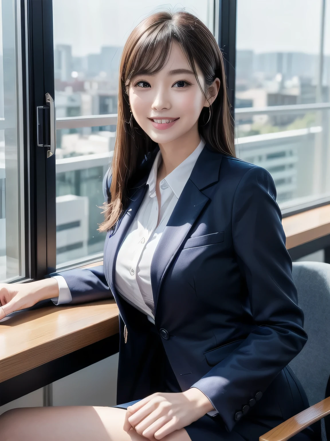 The face of a hostess、Dress code: high quality navy blue business suit、Surreal、healthy、Smiling face、Slim and perfect figure、Japanese Beauty、Beautiful Eyes、Perfect Face、Beautiful Skin、From the side、Background is an office on a high floor、By the window