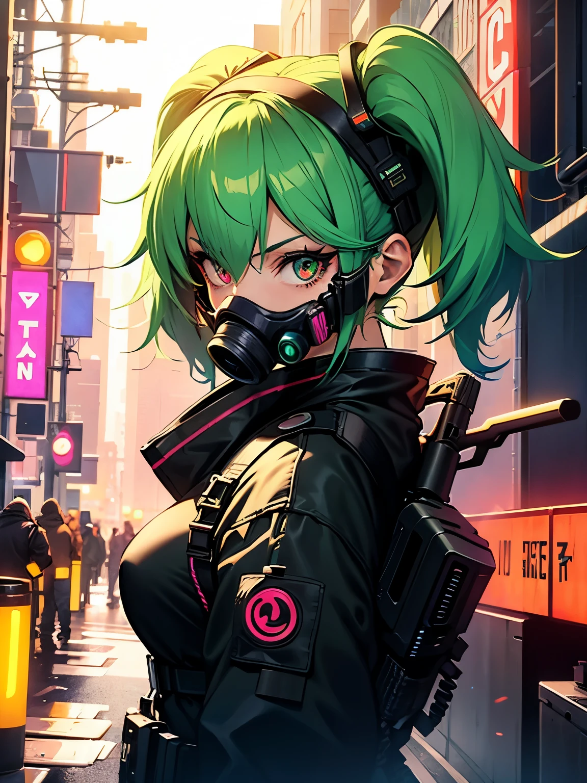 1girl, woman, neon green hair, twintails, gas mask, cyberpunk outfit, cyberpunk setting, bright colors, neon city, neon city background, looking at viewer, facing viewer, beautiful, masterpiece