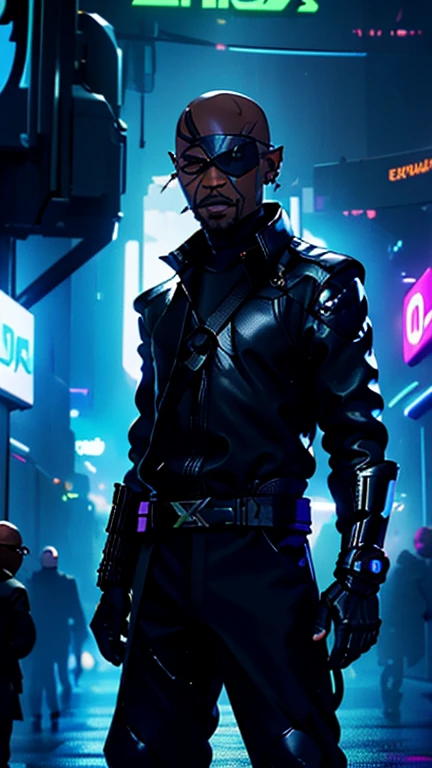 best quality,masterpiece,1boy,solo,(((13years old))),african boy,an extremely cute and handsome boy,highly detailed beautiful face and eyes,petit,cute face,lovely face,baby face,shy smile,show teeth, no hair,bald,flat chest,skinny,slender,(((wearing Nick Fury costume,black eyepatch))),(((standing in Dark Midnight Neon Glow light Cyberpunk metropolis city))),he is looking at the viewer,