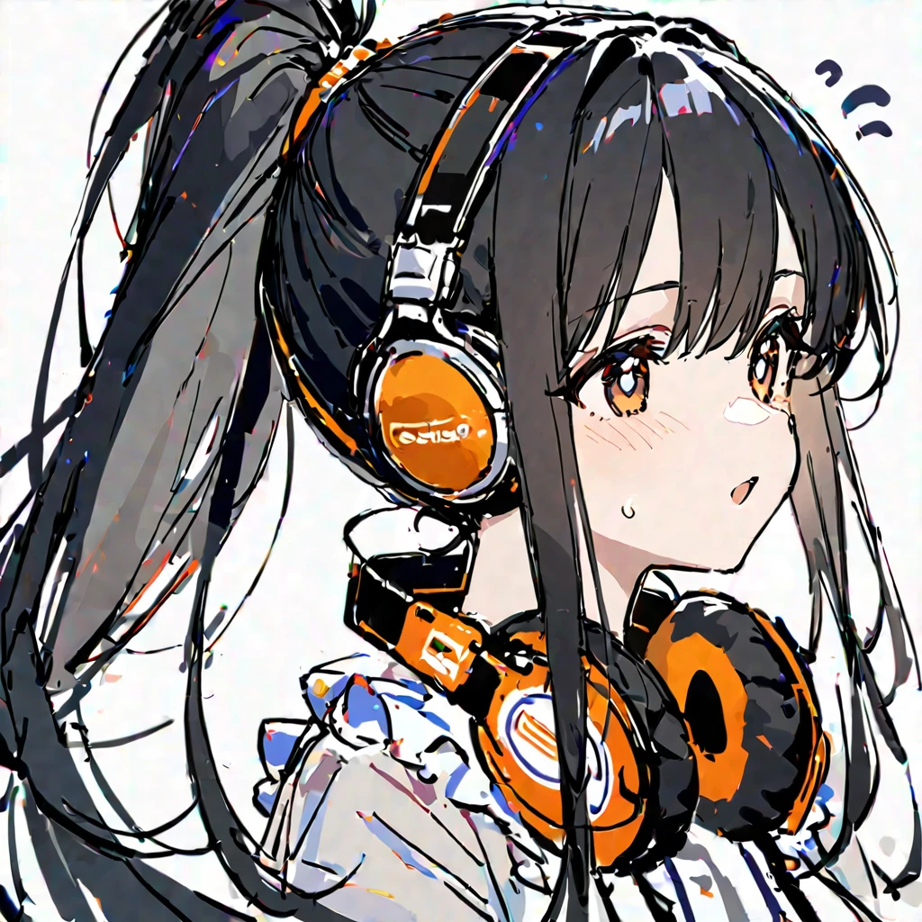 delicate、masterpiece、Highest quality、One Girl、cute、Black Hair、Long Hair、ponytail、headphones hanging from neck、White Background、sketch、look forward to、Upper body only singing