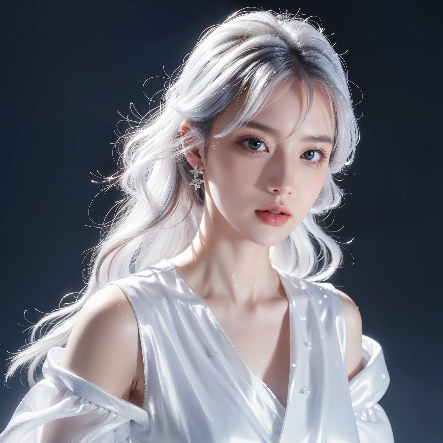 1girll,(Snow,Ice), snowflower, In winter, White hair, Shiny hair, Wavy hair, Transparent clothes, frilld, Lace, Wet clothes, Off_Shoulder, hair scrunchie,Masterpiece, Telephoto lens, absurderes, Exquisite facial features