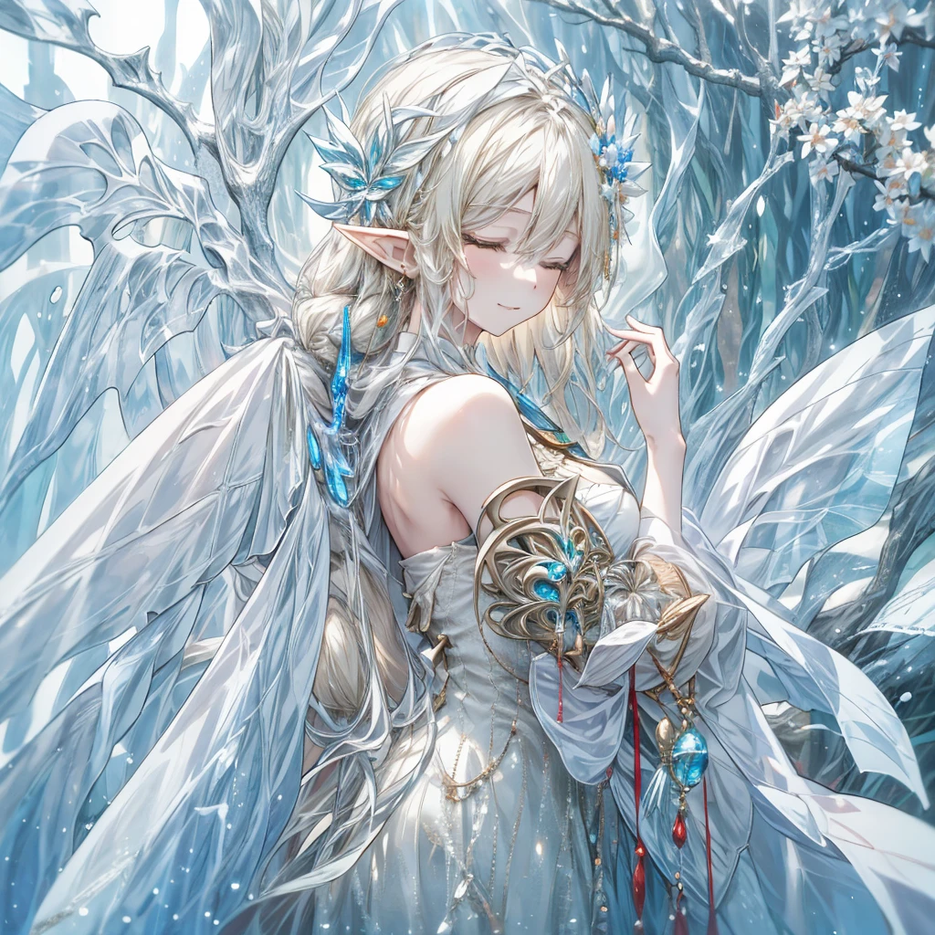 ((Highest quality)), ((masterpiece)), ((detailed)), 1woman, elf, 独奏, blonde hair, long hair, large breasts, white dress, light smile, closed eyes, fantasy, forest, water
