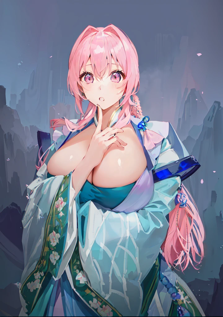 Pink Hair、Anime girl in blue dress poses for photo, Pink ponytail头发和粉色眼眸, Produced in collaboration with Anime Painter Studio, In the anime painter studio, , Sonison,超级Sonison,Celluloid,Three Kingdoms,Chinese style,antiquity,Hanfu,,Huge Breasts,Good shape,Pink ponytail,Pink long hair,Costume,包不住的Huge Breasts,Cute girl,Noble