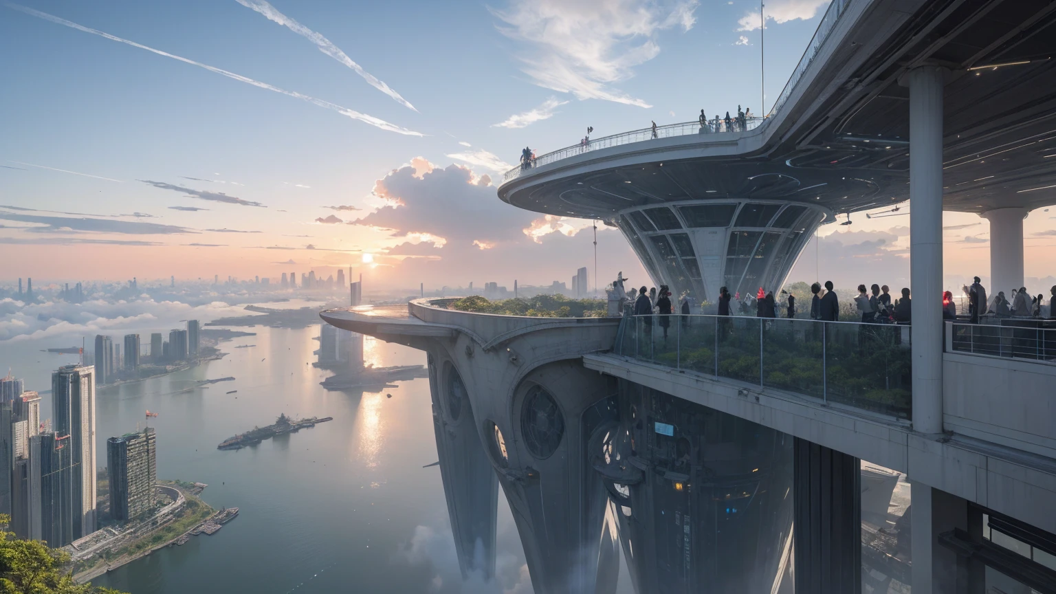 (Best quality,4K,8K,A high resolution,Masterpiece:1.2),Ultra-detailed,(Realistic,Photorealistic,photo-realistic:1.37),Futuristic floating city,Futuristic technology,Huge urban high-tech tablet platform,Airship,Floating in the sky,Futuristic city,Small airships around,High-tech hemispherical platform,Colorful lights,Advanced architecture,modernn architecture,skyscrapper,Access the cloud,Scenic beauty,view over city,Impressive design,Blend seamlessly with nature,energetic and vibrant atmosphere,Futuristic transportation system,Parking is suspended,Transparent path,Lush greenery,Sky gardens,cascading waterfalls,Magnificent skyline,reflections on the water,Sparkling river,Architectural innovation,futuristic skyscrapers,Transparent dome,The shape of the building is unusual,Elevated walkway,Impressive skyline,Glowing lights,Futuristic technology,Minimalist design,Scenic spots,Panoramic view,Cloud Piercing Tower,Vibrant colors,epic sunrise,epic sunset,Dazzling light display,magical ambiance,The future city,Urban Utopia,LuxuryLifestyle,Innovative energy,sustainable development,Smart city technology,Advanced infrastructure,Tranquil atmosphere,Nature and technology live in harmony,Awesome cityscape,Unprecedented urban planning,Architecture connects seamlessly with nature,High-tech metropolis,A cutting-edge engineering marvel,The future of urban living,Visionary architectural concept,Energy-efficient buildings,Harmony with the environment,A city floating above the clouds,Utopian dreams become reality,The possibilities are endless,State-of-the-art transportation network,Green energy integration,Innovative materials,Impressive holographic display,Advanced communication system,Breathtaking aerial view,Quiet and peaceful environment,Modernist aesthetics,Ethereal beauty