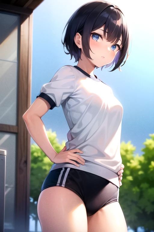 buruma, black buruma, (White short-sleeved gym uniform), School, Ground, sports festival, ((Highest quality)), ((masterpiece)), (detailed), Perfect Face, Perfect Arms, Perfect hands, Perfect Fingers, anime, Ultra-fine illustration, ((1 person)), Cute Girls, Place your hands on your hips, Blue Eyes, Gray Hair, (Beli Shorthair:1.4), bangs, Proud look, Shooting from below, Cowboy Shot, Outdoor,