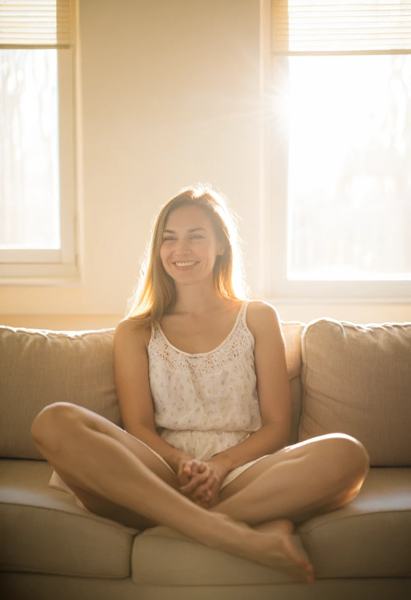 a photograph of highest quality a woman is sitting on her couch, photograph, 100mm, zoom, sunlight, indoors, happy, haze, atmosphere