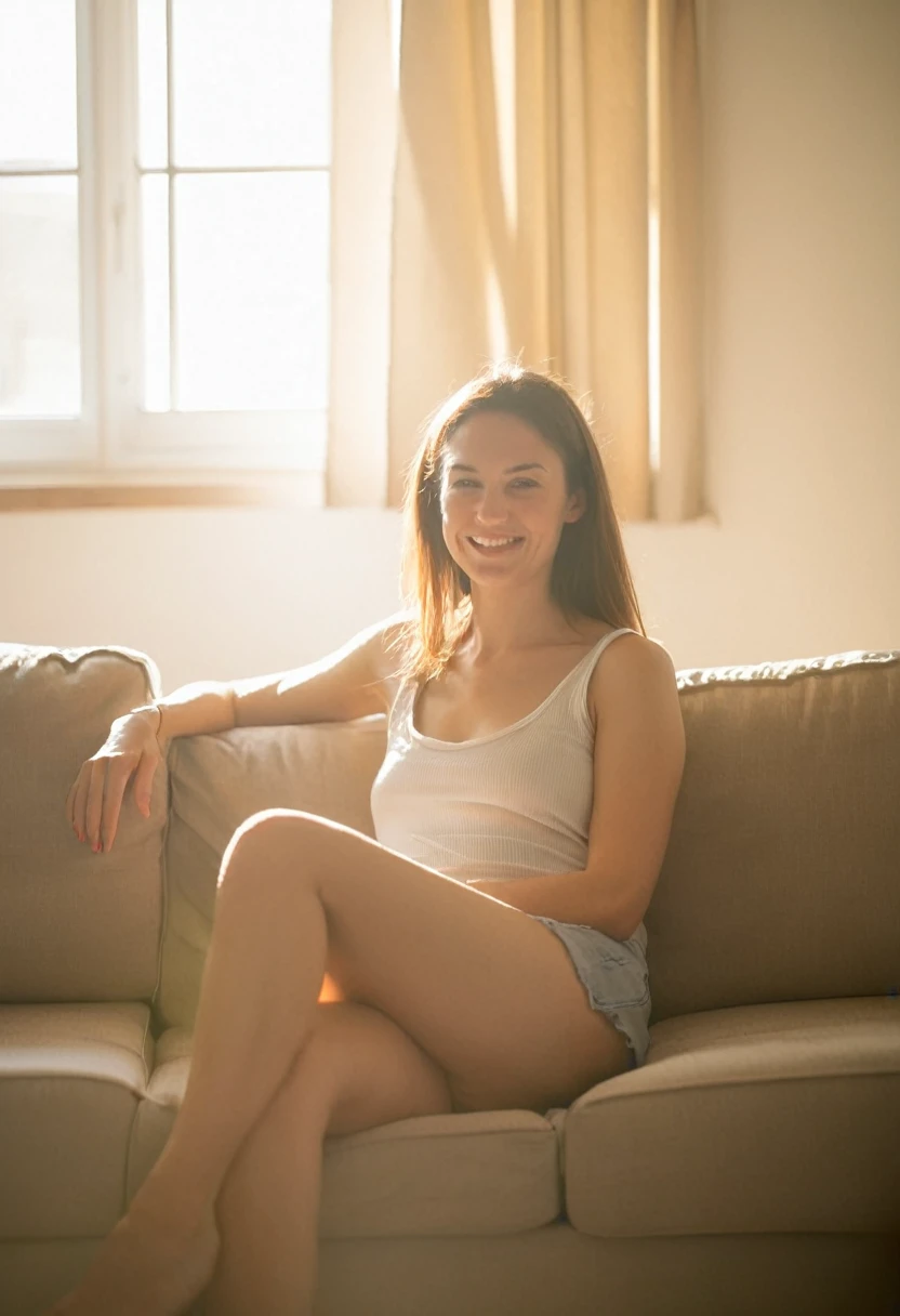 a photograph of highest quality a woman is sitting on her couch, photograph, 100mm, zoom, sunlight, indoors, happy, haze, atmosphere